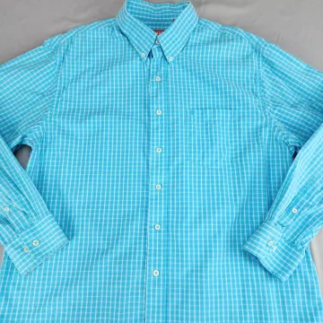 IZOD Men's XL Button-Down Shirt Plaid Aqua Blue White Long Sleeve Cotton - Main