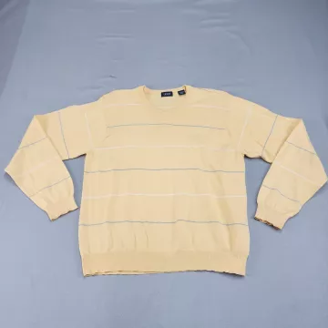 IZOD Mens M Sweater Yellow Striped V Neck Cotton Long Sleeve Pullover Japan - Front