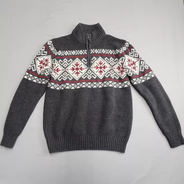 IZOD Mens Medium Charcoal Gray Fair Isle Quarter Zip Pullover Sweater Mock Neck - Front