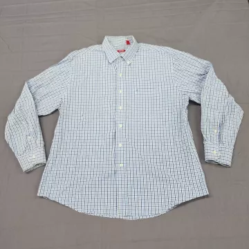 IZOD Mens XL Blue White Plaid Button Down Shirt Long Sleeve Cotton Pocket - Front