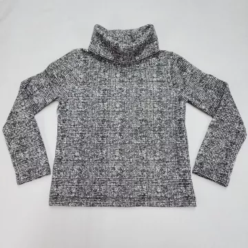 J.Crew Women's M Black White Plaid Fleece Lined Turtleneck Pullover Sweater - Front