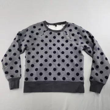 J.CREW Women's M Grey Navy Polka Dot Crew Neck Raglan Sweatshirt Cotton Blend - Front