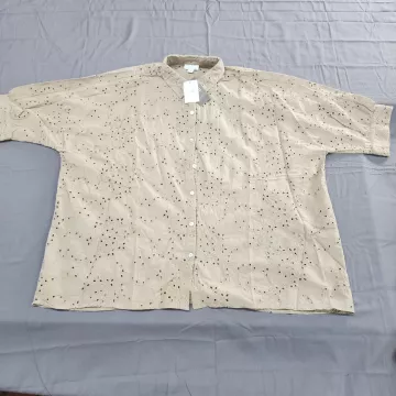 J. Jill Womens MP Medium Petite Beige Bamboo Cotton Eyelet Button Front Blouse - Front