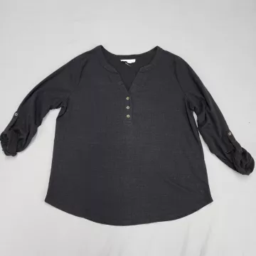 Jane + Delancey Womens L Black Henley Top Roll Tab 3/4 Sleeve Stretch Shirt
