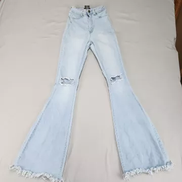 JC & JQ JEANS Women's S Blue Flared High Rise Distressed Raw Hem Stretch Jeans - Front