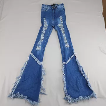JC & JQ Women's S 22x32 Mid Rise Distressed Ripped Flare Bell Bottom Jeans Blue - Front