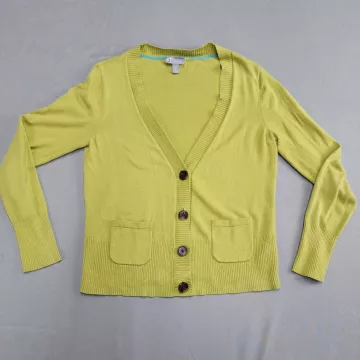 JCP Cardigan Sweater Womens L Green V-Neck Cotton Cashmere Blend Button Front - Front