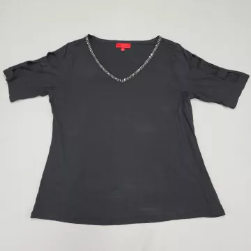 Jennifer Lopez Womens XL Black Cold Shoulder Rhinestone V-Neck T-Shirt Top