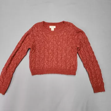 Jessica Simpson Womens S Orange Rust Cropped Cable Knit Sweater Crew Neck - Front