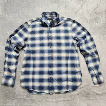 John Varvatos U.S.A. Button Up Shirt Men's Medium Blue Plaid Roll Tab Sleeve - Front