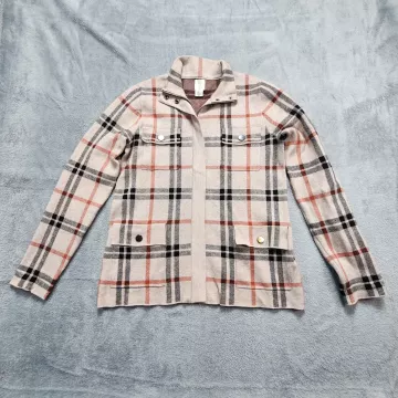 Joie Jacket Women's Large Beige Plaid Knit Utility Military Full Zip Mock Neck - Front