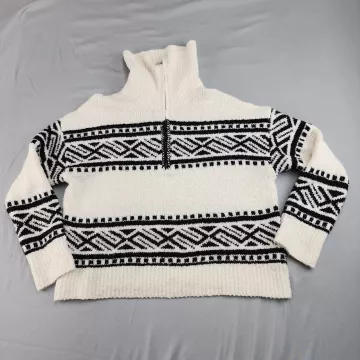 Joie Women's L Quarter-Zip Pullover Sweater Off-White Black Geometric Mock Neck - Front