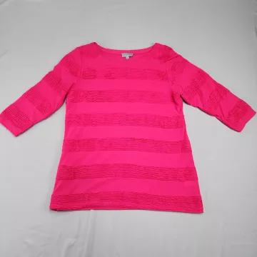 JOSEPH A. Boat Neck T-Shirt Women's L Fuchsia 3/4 Sleeve Textured Stripe - Front