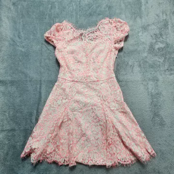 Juicy Couture Dress Size 2 White Neon Pink Lace Fit & Flare Floral Mini Cap Slee - Front
