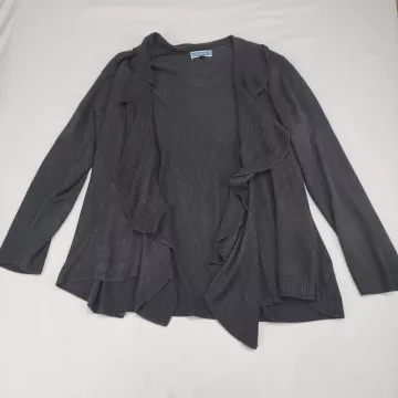 Karen Scott Women's 2X Cardigan Sweater Charcoal Gray Open Front Ruffle Cascade - Front
