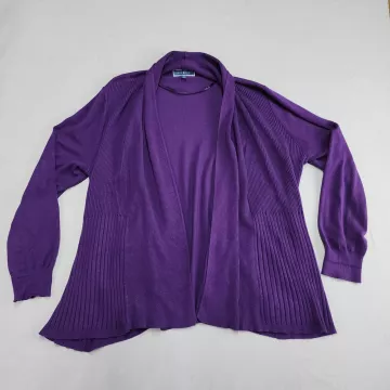 Karen Scott Womens Plus 2X Cardigan Sweater Purple Open Front Ribbed Knit - Front