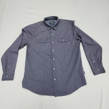 Kenneth Cole Mens L Long Sleeve Button Up Shirt Slim Fit Navy Blue Geometric - Front