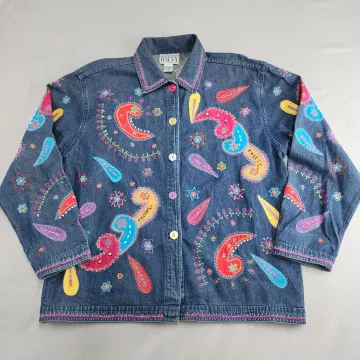Keren Hart Denim Jacket Women's L Blue Embroidered Floral Paisley Button Front - Front