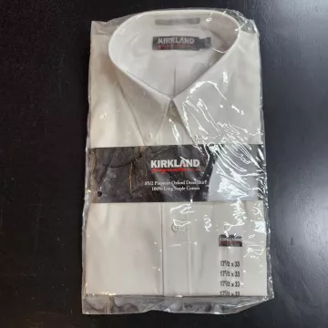 Kirkland Signature Dress Shirt Men 17.5 33 White Pinpoint Oxford Button Down - Front
