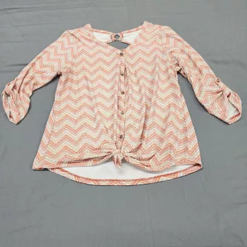 Kristin Nicole Womens L Orange Chevron Blouse Tie Front Keyhole 3/4 Sleeve - Front