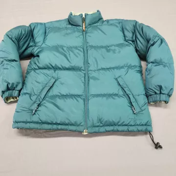 L.L.Bean Womens M Reversible Puffer Jacket Teal Mint Goose Down Full Zip - Front