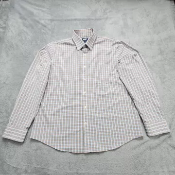 Lands' End Button Up Shirt Men's L Beige Plaid Traditional Fit Stretch Spandex - Front