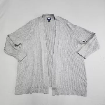 Lands' End Cardigan Sweater Womens 2X Plus Gray Ribbed Open Front Cotton Blend - Front
