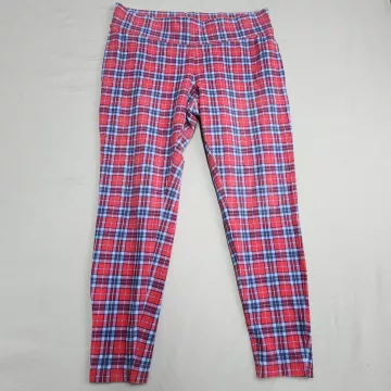Lands' End Starfish Leggings Womens Medium Petite Plaid Red Navy Blue Stretch - Front