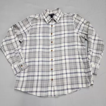 Lands' End Women's 14 Flannel Shirt Button Up Gray Plaid Cotton Long Sleeve - Front