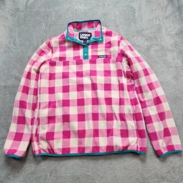 Lands' End Women's Fleece Pullover Jacket Large Tall L/T 14-16 Pink Plaid Snap - Front