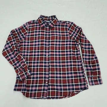 Lands' End Womens 14 Flannel Shirt Red Navy Plaid Long Sleeve Button Up Cotton - Front
