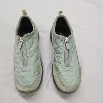 Lands' End Womens 8B Sage Green Quilted Suede Front Zip Slip-On Comfort Shoes - Front