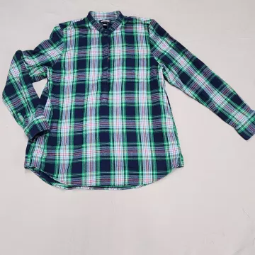 Lands' End Womens L Plaid Flannel Tunic Shirt Band Collar Half Button Green - Front