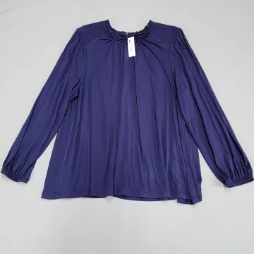 Lane Bryant Blouse Plus Size 18/20 Navy Blue Peasant Smocked Neck Long Sleeve - Front