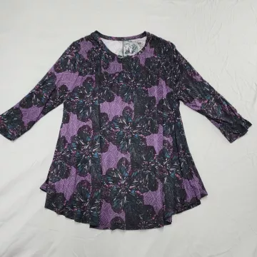 Lane Bryant Plus 18/20 Tunic Top Purple Floral 3/4 Sleeve Pleated Stretch Knit - Front