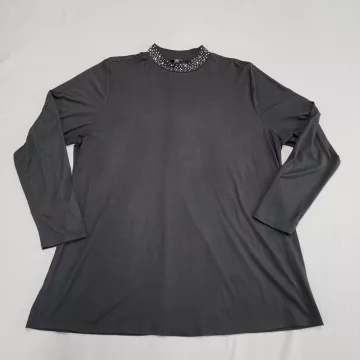 Lane Bryant Plus Size 18/20 Black Mock Neck Rhinestone Long Sleeve Blouse Top - Front