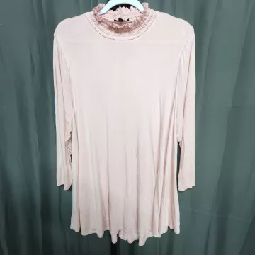Lane Bryant Plus Size 18/20 Blouse Light Pink Smocked Mock Neck Tunic Top - Front