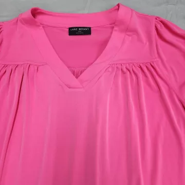 Lane Bryant Plus Size 18/20 Pink V-Neck Peasant Blouse Long Sleeve Stretch - Main