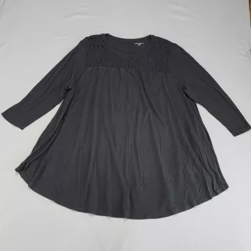LANE BRYANT Plus XL Smocked Yoke Swing Tunic Top Charcoal Gray Long Sleeve - Front