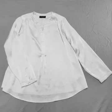 Lane Bryant Womens Blouse Size 18 White Satin V-Neck Long Sleeve Pleated Tunic - Front