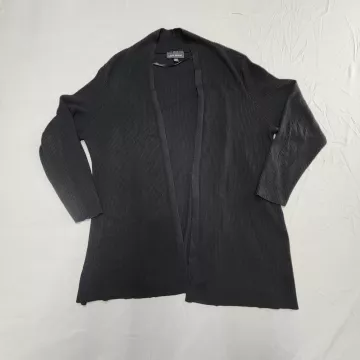 Lane Bryant Womens Plus 18/20 Cardigan Black Ribbed Open Front Knit Sweater - Front