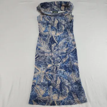 LAUREN RALPH LAUREN Petite XS Blue Floral Sheath Dress Cowl Neck Knit Sleeveless - Front