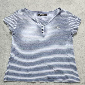 Lauren Ralph Lauren Top XS Blue White Striped Henley Short Sleeve Stretch Logo - Front
