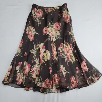 LAUREN RALPH LAUREN Women's S A-Line Flared Short Dark Brown Floral Skirt - Front