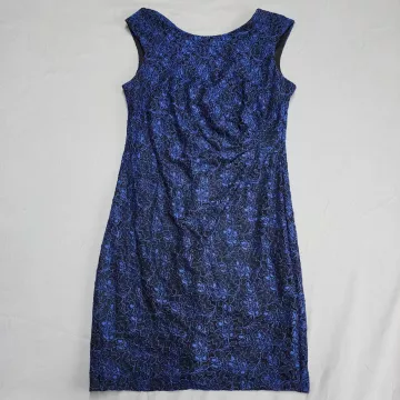 Leslie Fay Size 16 Blue Black Floral Lace Overlay Sleeveless Lined Sheath Dress - Front