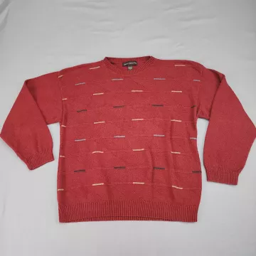 Liberty Sweaters Vintage Mens L Pullover Crew Neck Burgundy Geometric Knit USA - Front