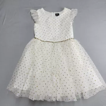 lilt Girls 14 Fit & Flare Dress White Gold Glitter Polka Dot Cap Sleeve Party - Front