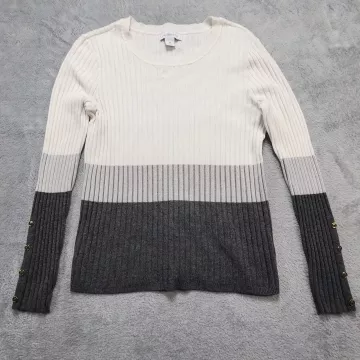Liz Claiborne Sweater Women's M Ribbed Knit Colorblock Button Cuffs Stretch Crew - Front