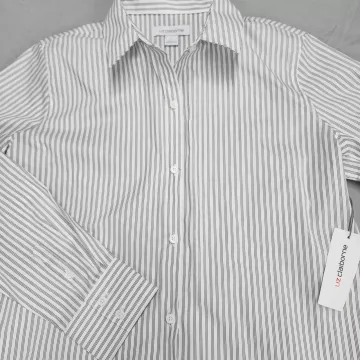 Liz Claiborne Womens L Button Down Shirt White Black Striped Wrinkle Free - Main
