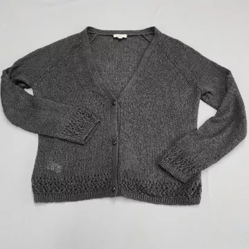 LOFT Outlet Cardigan Sweater Women XL Gray V Neck Button Front Pointelle Knit - Main